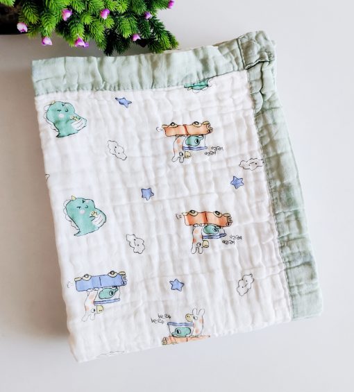 Muslin crinkled blanket - NRCRBL - Green Dino with Vehicle in Animal  - 100cm x 100cm