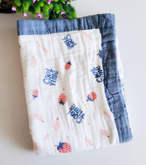 Muslin crinkled blanket - NRCRBL - Gray Border with Strawberry and Cool Time  - 100cm x 100cm