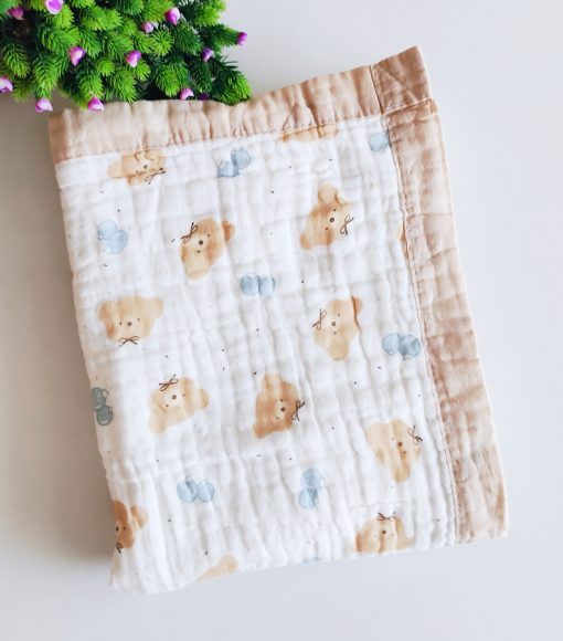 Muslin crinkled blanket - NRCRBL - Beige Border with Teddy and Blue Fruit  - 100cm x 100cm