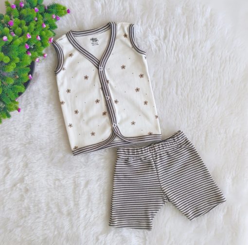 Sleeveless Jhabla and Shorts - AZJSH - Brown Strip With Brown Flowers