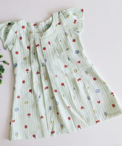 Organic Muslin Half Sleeve Cotton Frock - FIFKHS - Green Stripe with Watermelon