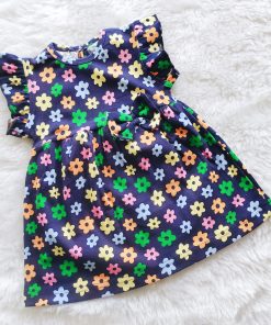 Knitted Cotton Daily Wear Frock - DFK - Dark Blue and Color Full Flowers
