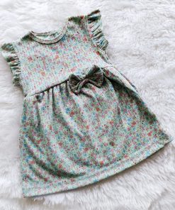 Knitted Cotton Daily Wear Frock - DFK- Green and Pink Floral