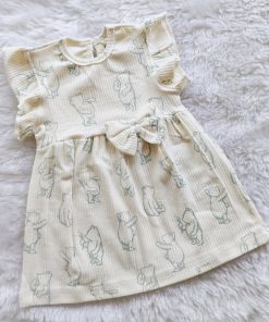 Knitted Cotton Daily Wear Frock - DFK - Off White with Blue Bear