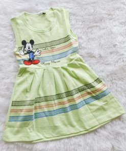 Knitted Cotton Daily Wear Frock - CLFK - Green Mickey