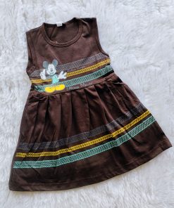 Knitted Cotton Daily Wear Frock - CLFK - Coffee Brown Mickey