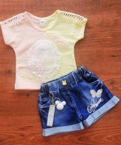 Premium Knitted Cotton Top and Denim Shorts - GTSH - Yellow and Peach
