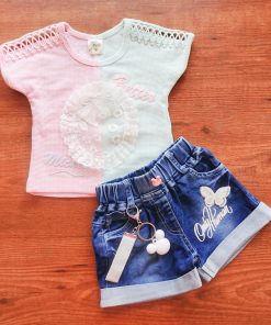 Premium Knitted Cotton Top and Denim Shorts - GTSH - Pink and Blue