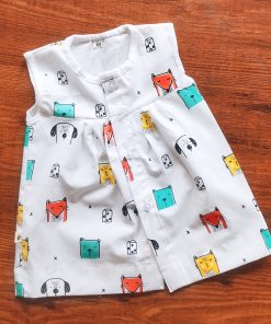 Cotton Frock - DFK - Green, Yellow, Red, Animal Head