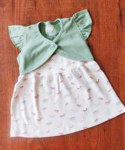 Girls Frock - FRK - Pista Green and Off-white Rainbow