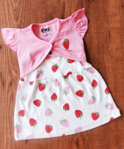 Girls Frock - FRK - Pink and Off-white with Strawberry