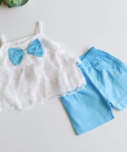 Girl Top and Shorts - GTS - White Lace Net and Blue Shorts