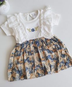 Girls Casual Frock - FRK - White with Ash Floral
