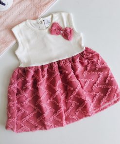 Girls Casual Frock - Off White and Dark Pink - FRK
