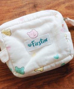 Muslin Cotton Storage Pouch -  BG -Pink with Teddy Head