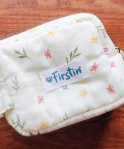 Muslin Cotton Storage Pouch -  BG -Light Yellow with Orange Butterfly and Leaf