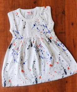 Knitted cotton frock - DFK - White with Blue and Black Splash