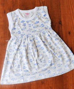 Knitted cotton frock - DFK - White with Blue Helicopter