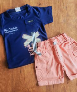 T-shirt and Shorts Set - BTS - Navy Blue and Peach Shorts
