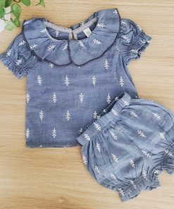 Top and Shorts - Gray with White Leaf Embroidery - GTS
