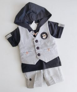 Boys Hooded Shirt and Shorts - SSH- White and Grey Strip