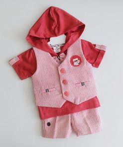 Boys Hooded Shirt and Shorts - SSH- White and Red Strip