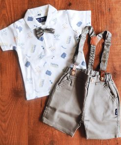 Boys Suspender with Cap - BSH - White with Coconut Tree and Grey