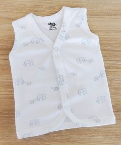 Sleeveless Jhabla Front Button - White with Blue Elephant - JH1