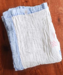 Muslin Cotton Crinkled Color Blanket - BL1 - 110cmx110cm - Blue Boarder with Rabbit and Kola