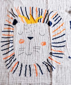 Alternative view of Muslin Cotton Crinkled Color Blanket - BL1 - 110cmx110cm - Blue Boarder with Lion