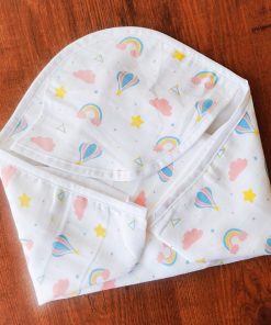 Muslin cotton Hooded Blanket (70x70cm) - HBL1 - Hot Balloon and Rainbow with Cloud