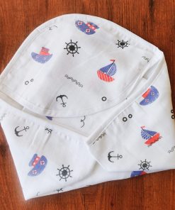 Muslin cotton Hooded Blanket (70x70cm) - HBL1 - Blue Boat