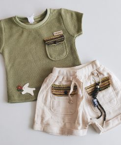 Premium Cotton Top and Shorts - GTSH - Olive Green Top and Cream Short