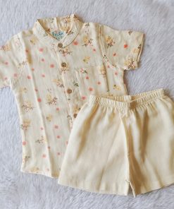 Organic Muslin Shirt and Shorts - Light Peach with Orange flower and Bird