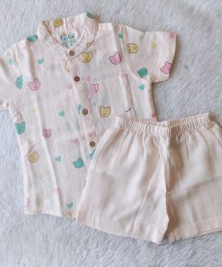 Organic Muslin Shirt and Shorts - Light Pink with Teddy  Head