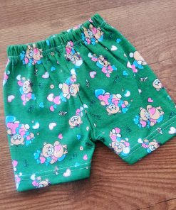 Knitted Cotton Daily Wear Shorts - Green with Teddy and Pink Heart