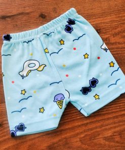 Knitted Cotton Daily Wear Shorts - Sky Blue with Ball and Ice Cream