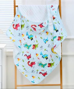 Baby Muslin Cotton Blanket - Blue with Colorful Dino   - HBL1