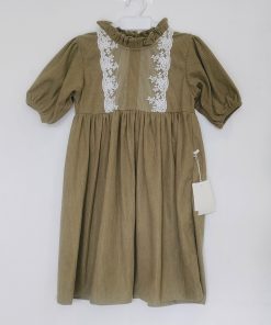 Girls Frock - Olive Green with White Lace Net Neck - FRK