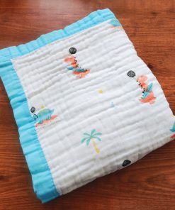 Muslin Crinkled Blanket - Sky Blue Border with Dinosaur - BL1