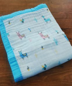 Muslin Crinkled Blanket - Blue Border with Colorful Lama - BL1