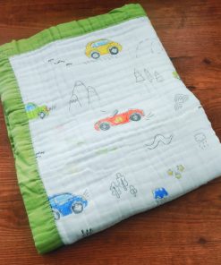 Muslin Crinkled Blanket - Green Border with Cars - BL1