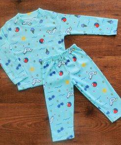 Full Sleeve Pajama Set - Sky Blue with Boll, Ice Cream, Sun - PJ1