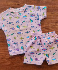 Knitted Cotton Half Sleeve T-Shirt and Shorts Set - Peach Pink with Hot Air Balloon and Helicopter - DTS1