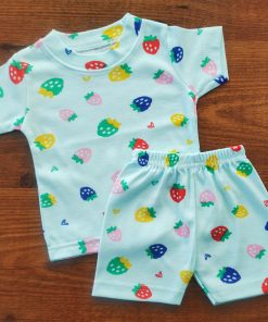 Knitted Cotton Half Sleeve T-Shirt and Shorts Set - Light Blue with Color Full Strawberries  - DTS1