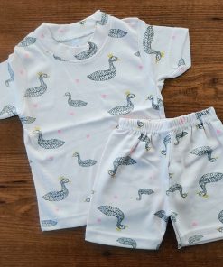 Knitted Cotton Half Sleeve T-Shirt and Shorts Set - Pink with Black Duck - DTS1