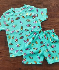 Knitted Cotton Half Sleeve T-Shirt and Shorts Set - Green with Ice Cream - DTS1