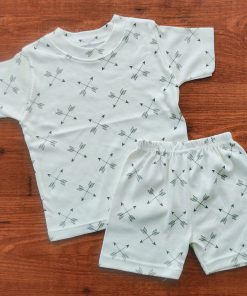 Knitted Cotton Half Sleeve T-Shirt and Shorts Set - Off White with Arrows - DTS1