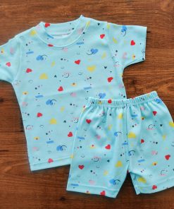 Knitted Cotton Half Sleeve T-Shirt and Shorts Set - Blue with Color Full Heart and Smiley - DTS1