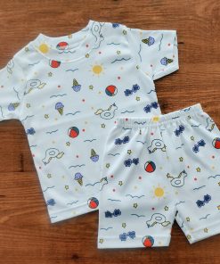 Knitted Cotton Half Sleeve T-Shirt and Shorts Set - White with Unicorn and Ice Cream - DTS1